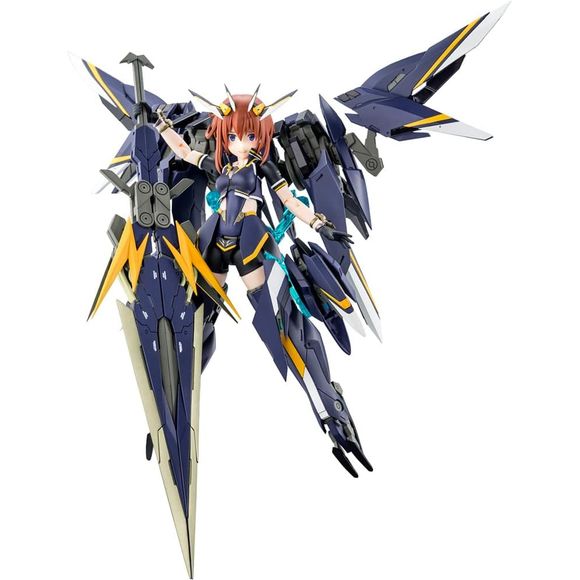 Kanagata Sugumi (Ga-shin) is the latest collaboration between Kotobukiya's "Megami Device" mecha-girl figure-kit lineup and the popular social game "Alice Gear Aegis"! She's molded in color so paint isn't necessary; she comes with three interchangeable facial expressions, and her new costume has movable side skirts for smooth posing. Her massive "Magnum Ops" weapon incorporates a transformation and combination mechanism, and it can be displayed in any of three forms! She's also armed with a rifle, a one-han