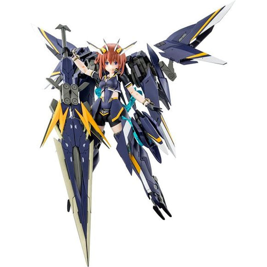 Kanagata Sugumi (Ga-shin) is the latest collaboration between Kotobukiya's "Megami Device" mecha-girl figure-kit lineup and the popular social game "Alice Gear Aegis"! She's molded in color so paint isn't necessary; she comes with three interchangeable facial expressions, and her new costume has movable side skirts for smooth posing. Her massive "Magnum Ops" weapon incorporates a transformation and combination mechanism, and it can be displayed in any of three forms! She's also armed with a rifle, a one-han