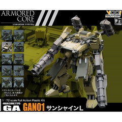 The latest edition to the Armored Core line of kits from Kotobukiya is the GN GAN01 Sunshine-L. What a nice name for something so massive and powerful. The Sunshine-L carries its two openable Cheyenne02 units on its back and wields its massive GAN01-SS-WB weapon on both arms. Parts are molded in color so no painting is required but a detailed color guide is included if you do want to paint it yourself.