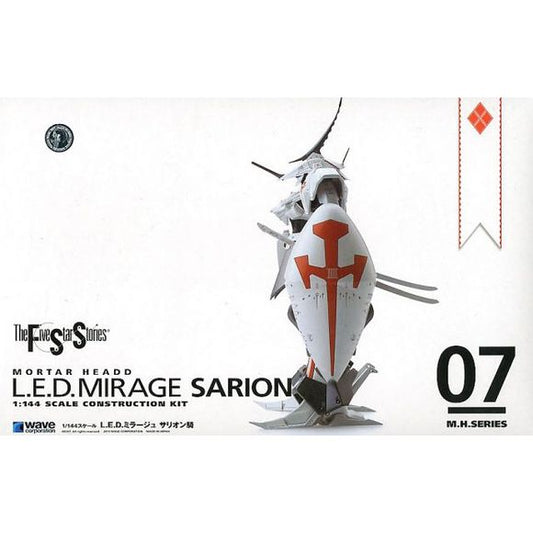 Sharply-detailed injection plastic kit of the L.E.D. Mirage Sarion. Like all FSS mechs, it's beautifully-designed and will be a joy to build! Molded mostly in a translucent white plastic, with some grey plastic parts, plus polycaps for joint movements; also included is a sheet of water-slide decals for markings. A paint guide (in Japanese only) is included in the instructions.