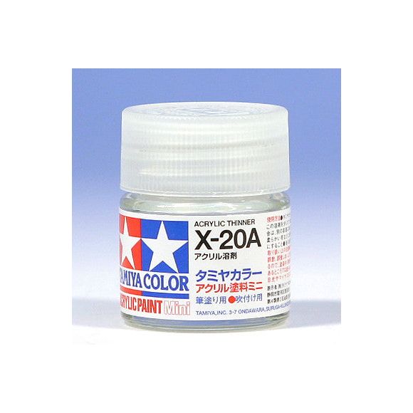Tamiya Acrylic Paints are made from water-soluble acrylic resins and are excellent for either brush or spray painting. These paints can be used on styrol resins, styrofoam, wood, plus all of the common model plastics. The paint covers well, flows smoothly with no blushing or fading, and can be blended easily. 10ml screw top bottle.
Proper ratio for paint thickness differs according to weather conditions. Rough guidelines of thinning ratio is 2:1-3:1 ( Tamiya Acrylic paint : thinner).
Continental US S