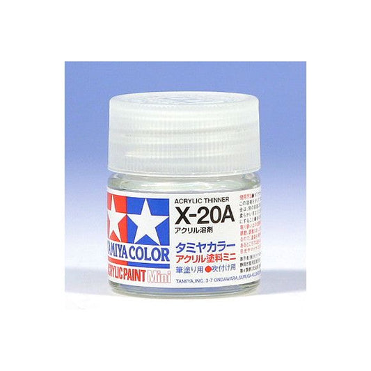 Tamiya Acrylic Paints are made from water-soluble acrylic resins and are excellent for either brush or spray painting. These paints can be used on styrol resins, styrofoam, wood, plus all of the common model plastics. The paint covers well, flows smoothly with no blushing or fading, and can be blended easily. 10ml screw top bottle. 
Proper ratio for paint thickness differs according to weather conditions. Rough guidelines of thinning ratio is 2:1-3:1 ( Tamiya Acrylic paint : thinner).
Continental US S