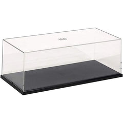 Perfect for 1/20 F1 race cars and more, but has a wide array of uses! Clear case with black plastic base with pre-drilled holes for mounting your model. Measures 11 in x 5 in x 3.5 in.