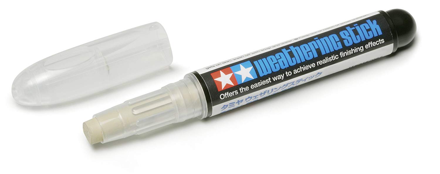 Tamiya offers by far the easiest way to achieve realistic finishing effects on your scale models with the Weathering Stick. Use glue-stick type container to simply paint mud or snow onto tank treads or rally car chassis. With no need for a brush or pallet, Tamiya's Weathering Stick takes modeling simplicity to new heights. About the Stick: Each retractable stick holds 5mm of color. Water soluble material can be wiped off model with a damp cloth.