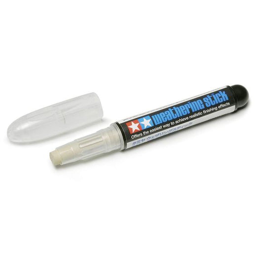 Tamiya offers by far the easiest way to achieve realistic finishing effects on your scale models with the Weathering Stick. Use glue-stick type container to simply paint mud or snow onto tank treads or rally car chassis. With no need for a brush or pallet, Tamiya's Weathering Stick takes modeling simplicity to new heights. About the Stick: Each retractable stick holds 5mm of color. Water soluble material can be wiped off model with a damp cloth.