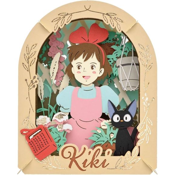 Paper craft set of Kiki's Delivery Service. This set comes with all the pieces needed and instructions on how to build the small paper theater set.
This set depicts the scene of Kiki in the garden with Jiji. Enjoy the fun in making the paper craft set and decorating your room with the completed craft.