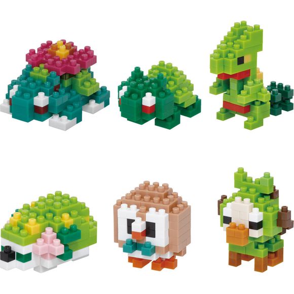 Pokemon Type Grass from Nanoblock Mininano Series is an assortment of 6 characters(Venusaur, Bulbasaur, Sceptile, Shaymin, Rowlet, Grookey). Each stands approximately 2.28" tall on average. This is considered an entry level kit.
Note: Warning, small pieces. Keep away from small children/animals.