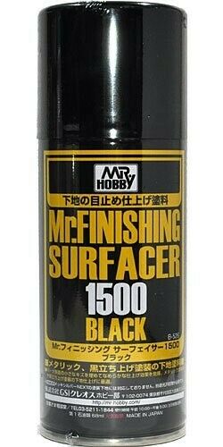 Mr.SURFACER 1500 contains finer granules than Mr.SURFACER 1000. They are both used in much the same way but due to the finer granules after sanding with waterproof sand-paper, a perfectly corrected surface is possible. Available in bottle and spray. This is a black version of the Finishing Surfacer. This black base allows the omission of the painting of a black coat before applying a metallic color and reduces the thickness of painting. 170ml.
Continental USA Shipping only, no expedited shipping availabl