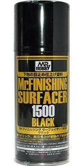 Mr.SURFACER 1500 contains finer granules than Mr.SURFACER 1000. They are both used in much the same way but due to the finer granules after sanding with waterproof sand-paper, a perfectly corrected surface is possible. Available in bottle and spray. This is a black version of the Finishing Surfacer. This black base allows the omission of the painting of a black coat before applying a metallic color and reduces the thickness of painting. 170ml.
Continental USA Shipping only, no expedited shipping availabl