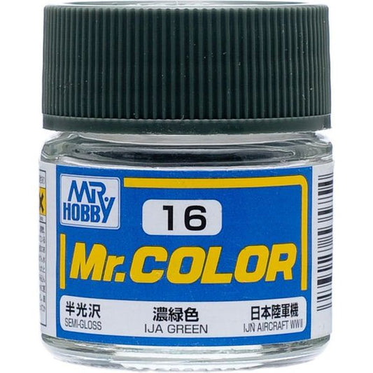 Mr Color paint, suitable for hand brushing & airbrushing, with good adhesion & fast drying is one of the finest scale modelling / hobby paints available. Solvent-based Acrylic, thin with Mr Color Thinner or Mr Color Levelling Thinner. Treat paint as a lacquer. C16 IJA Green Semi-Gloss Primary. 10ml screw top bottle.

1 - 2 coats are recommended when brush painting
2 - 3 coats when using an air brush - after diluting to a ratio of 1 (Mr.Color) : 1-2 (Mr. thinner).
Mix in 5 - 10% of Flat Base to make glos