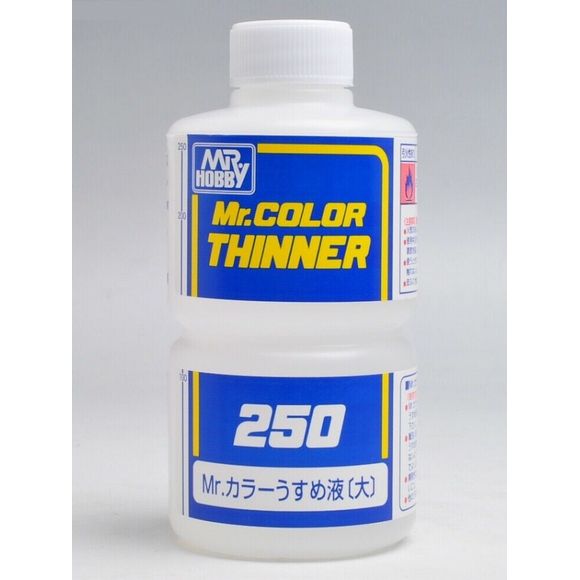 Mr Color Thinner is designed for use with Mr Color solvent based paints. Can also be used with Mr Hobby Aqueous Hobby Color. 250 ml Bottle.
Advised thinning ratio for airbrushing is 1:1.5 > 1:2 (Paint:Thinner)