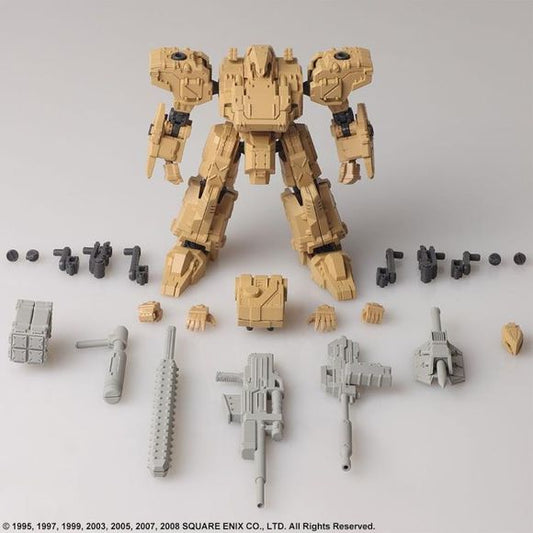 The next 1/72 scale Structure Arts model kit line-up is here! The featured designs are: Frost, Enyo, Walrus, and Tiran from the Front Mission franchise. Once again, the torso, arms, lower body, backpack and hand-held weapons are cross compatible between all the models, plus each model has a total of four hardpoints on the shoulders and arms, allowing you to attach weapons or shields. There are also utility parts included so you have the option to equip or simply carry your artillery. In-game, your loadout m