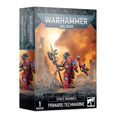 This kit builds one Primaris Techmarine. He is equipped with a grav-pistol, Omnissian power axe, servo-arm, mechadendrite, and a shoulder-mounted forge bolter. It is supplied in 24 plastic components and comes with a Citadel 40mm Round Base.