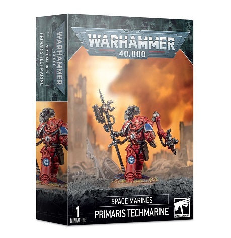 This kit builds one Primaris Techmarine. He is equipped with a grav-pistol, Omnissian power axe, servo-arm, mechadendrite, and a shoulder-mounted forge bolter. It is supplied in 24 plastic components and comes with a Citadel 40mm Round Base.