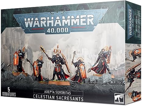 The kit is comprised of 69 plastic components, with which you can assemble five Celestian Sacresants, one of which may be assembled as a Celestian Superior, and is supplied with 5x Citadel 32mm Round Bases. This kit includes options for hooded or helmeted heads, and may be equipped with either anointed halberds or hallowed maces.