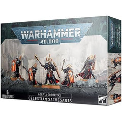 The kit is comprised of 69 plastic components, with which you can assemble five Celestian Sacresants, one of which may be assembled as a Celestian Superior, and is supplied with 5x Citadel 32mm Round Bases. This kit includes options for hooded or helmeted heads, and may be equipped with either anointed halberds or hallowed maces.