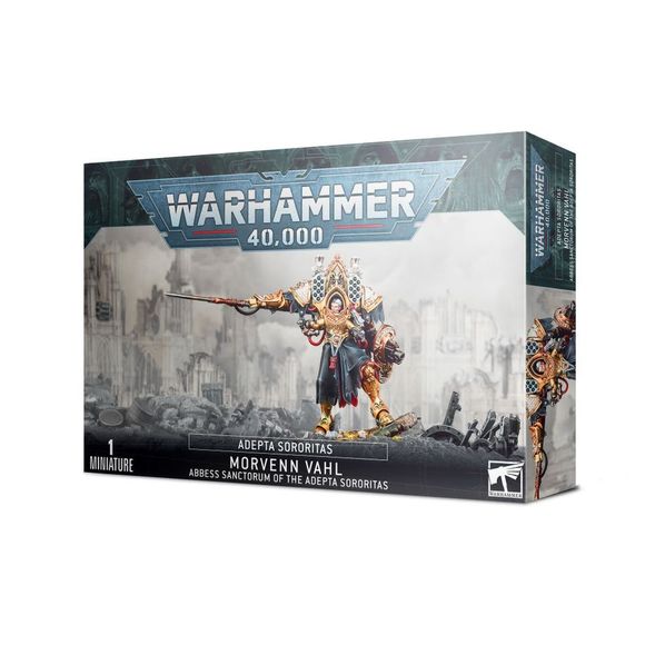 This kit builds one Morvenn Vahl, Abbess Sanctorum of the Adepta Sororitas. The kit is comprised of 41 plastic components, with which you can assemble one Morvenn Vahl, Abbess Sanctorum of the Adepta Sororitas, and is supplied with 1x Citadel 60mm Round Base. This kit also includes three head options, one with a helmet and two without.