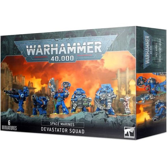 This multi-part plastic kit contains everything you need to build five Space Marine Devastators, one of which can be optionally assembled as a Space Marine Devastator Sergeant, with three Sergeant heads included. The poses these models can be assembled in are classic Devastator poses, with targeter helmets and castellated greaves.
 Included in this squad:
Two Space Marine Grav-Cannon and Back Pack Assemblies;
Two Space Marine Missile Launcher and Back Pack Assemblies;
Two Space Marine Multi Melta and Ba