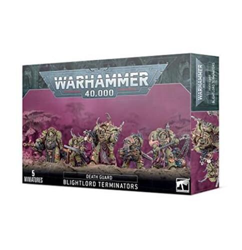 This multipart plastic kit contains the components necessary to assemble a unit of 5 Blightlord Terminators. They can be assembled with a fearsome array of wargear, and the kit includes the following weapon options:
- 4 combi-bolters
- 3 bubotic axes
- 3 baleswords
- 1 reaper autocannon
- 1 plague spewer
- 1 blight launcher
- 1 flail of corruption
- 1 combi-weapon (with a choice of combi-plasma, combi-flamer or combi-melta)
The Blightlord Terminators come as 64 components, and are supplied with 5 Citadel