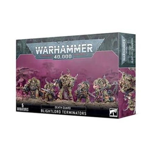 This multipart plastic kit contains the components necessary to assemble a unit of 5 Blightlord Terminators. They can be assembled with a fearsome array of wargear, and the kit includes the following weapon options:
- 4 combi-bolters
- 3 bubotic axes
- 3 baleswords
- 1 reaper autocannon
- 1 plague spewer
- 1 blight launcher
- 1 flail of corruption
- 1 combi-weapon (with a choice of combi-plasma, combi-flamer or combi-melta)
The Blightlord Terminators come as 64 components, and are supplied with 5 Citadel