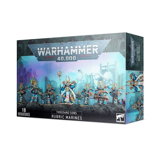 This multi-part plastic kit contains all the parts necessary to assemble 10 Rubric Marines, armed with either Inferno boltguns or warpflamers. One model can be armed with a soulreaper cannon, one can carry an Icon of Flame, and one can be assembled as an Aspiring Sorcerer, who is armed with a force stave and either an Inferno bolt pistol or warpflame pistol. Supplied with 10 Citadel 32mm Round bases.