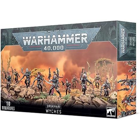 This box set contains 10 multi-part plastic Drukhari Wyches. This 92-piece set includes: 14 different heads, 10 different bodies (six female variants and four male variants). Also included are all of the weapon options listed in Codex: Dark Eldar, including: a razorflail, a blast pistol, a shardnet, a power weapon and an impaler. Models supplied with 25mm round bases.