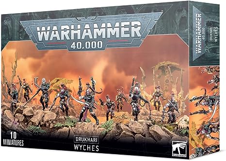 This box set contains 10 multi-part plastic Drukhari Wyches. This 92-piece set includes: 14 different heads, 10 different bodies (six female variants and four male variants). Also included are all of the weapon options listed in Codex: Dark Eldar, including: a razorflail, a blast pistol, a shardnet, a power weapon and an impaler. Models supplied with 25mm round bases.