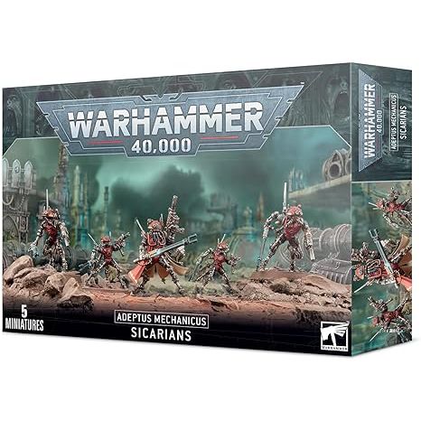 This multi-part plastic kit contains all the parts necessary to build five Adeptus Mechanicus Sicarians