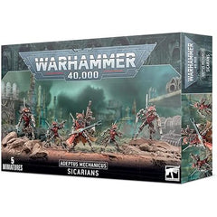 This multi-part plastic kit contains all the parts necessary to build five Adeptus Mechanicus Sicarians