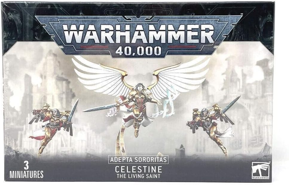 This multi-part plastic kit contains the components necessary to assemble Celestine, the Living Saint, and her 2 accompanying Geminae Superia. This kit comes as 46 components, and is supplied with 2 Citadel 32mm Round bases and one 40mm Round base.