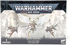 This multi-part plastic kit contains the components necessary to assemble Celestine, the Living Saint, and her 2 accompanying Geminae Superia. This kit comes as 46 components, and is supplied with 2 Citadel 32mm Round bases and one 40mm Round base.