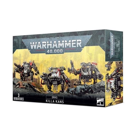 This box set contains three multi-part plastic Ork Killa Kans. This 94-piece set includes: three variations of Cockpit, three different close combat weapons, a big shoota, a rokkit launcha and a skorcha. Models supplied with 60mm round bases. Models are unassembled and un-painted. We recommend using Citadel glue to assemble the kit and Citadel paint to paint it.