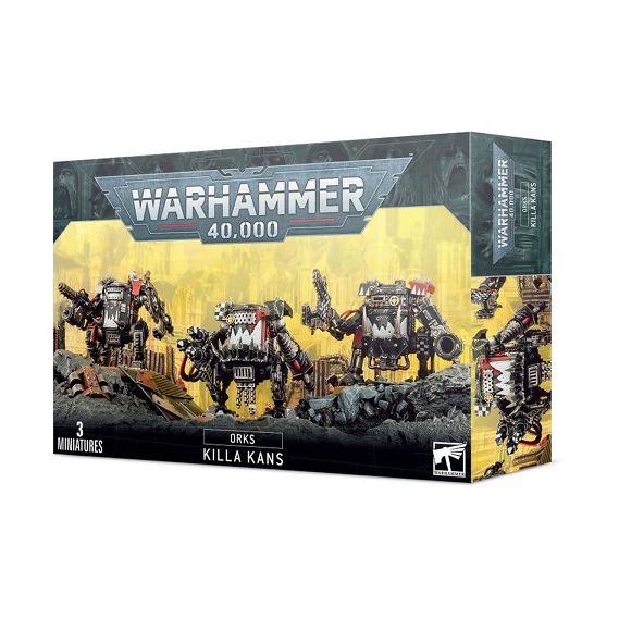This box set contains three multi-part plastic Ork Killa Kans. This 94-piece set includes: three variations of Cockpit, three different close combat weapons, a big shoota, a rokkit launcha and a skorcha. Models supplied with 60mm round bases. Models are unassembled and un-painted. We recommend using Citadel glue to assemble the kit and Citadel paint to paint it.