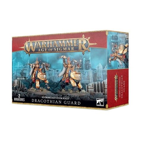This multi-part plastic kit contains all the components necessary to assemble two Dracothian Guard. This kit comes in 80 components and is supplied with two 90x52mm Citadel Oval bases.
