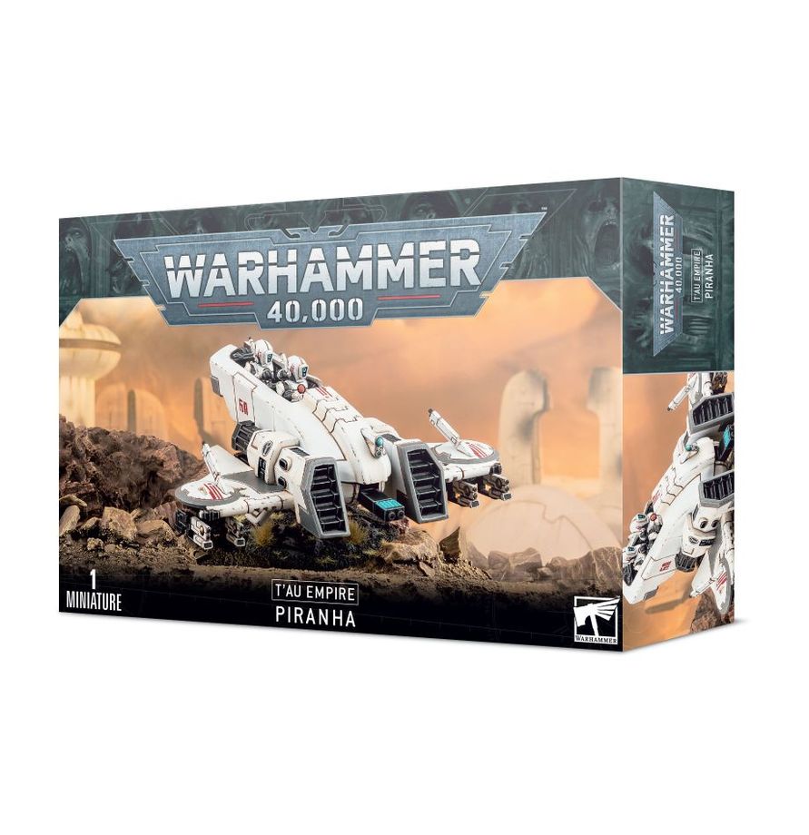 This multipart plastic kit builds a Piranha. This kit includes 50 plastic components, 2x small flying bases, 1x large flying base, 4x long flying stems, and 2x short flying stems. This kit also includes 1x T'au Vehicle Transfer Sheet, containing 85 high-quality waterslide transfers for you to further decorate your model.
These miniatures are supplied unpainted and require assembly – we recommend using Citadel Plastic Glue and Citadel Colour paints.