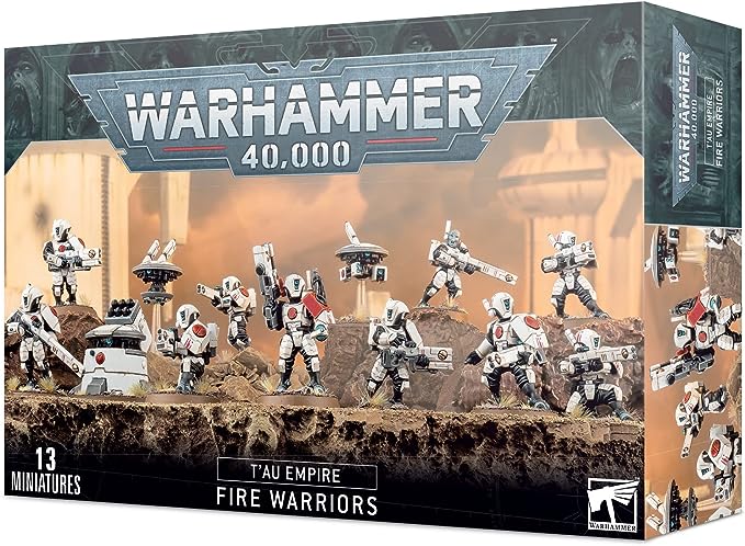 This multi-part plastic kit gives you everything you need to build ten T'au Empire Fire Warriors, in their Strike Team configuration. One model may be upgraded to a Shas'ui, and the kit includes two drones, a DS8 tactical support turret, a selection of different shoulder pads and back packs and a choice of weapons - pulse pistols, pulse carbines, EMP and photon grenades! 230 components in total, with ten Citadel 25mm Round bases, one Citadel 40mm Round base and two small flying bases.
This kit can also be