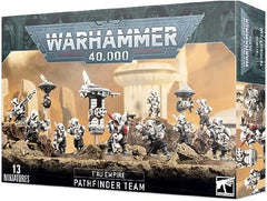 Light reconnaissance units, Pathfinder Teams are the eyes and ears of their Commander in a way no drone can yet emulate. A Pathfinder's foremost role is not to engage the enemy, but instead to operate ahead of their comrades, close to their foe, to accurately scout the enemy.
There are 10 Pathfinders in this kit, and they can be built in a variety of ways – there are different leg options, for kneeling, crouching or standing, as well as different head options. They sport lighter recon armour, which covers