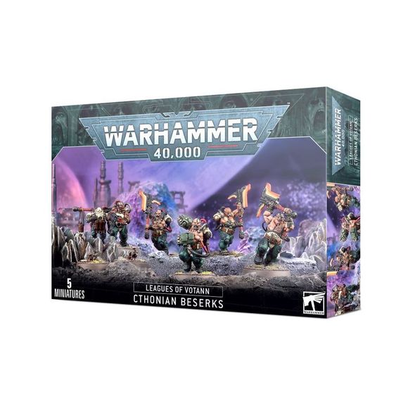 This multipart plastic kit builds five Cthonian Beserks. This set comprises 117 plastic components, and is supplied with a Citadel 50mm Round Base, 5x Citadel 28.5mm Round Bases, 3x Citadel 25mm Round Bases, and a Leagues of Votann Transfer Sheet with 555 numerals, runes, and markings for prominent Leagues. These miniatures are supplied unpainted and require assembly – we recommend using Citadel Plastic Glue and Citadel Colour paints.