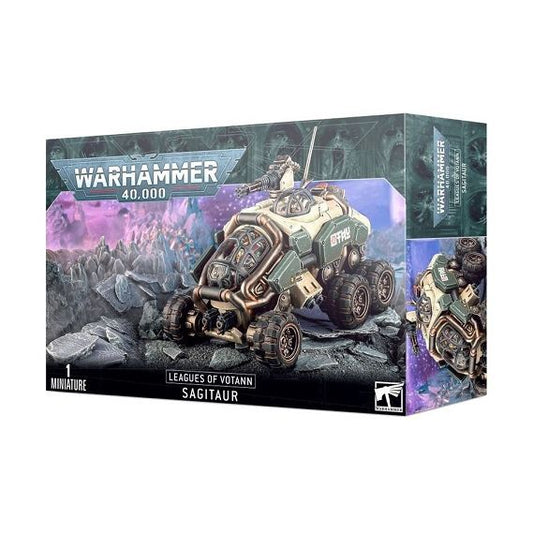 This kit builds one Sagitaur. This kit comprises 88 plastic components and 3 clear plastic components, and is supplied with a Leagues of Votann Transfer Sheet with 555 numerals, runes, and markings for prominent Leagues. This miniature is supplied unpainted and requires assembly – we recommend using Citadel Plastic Glue and Citadel Colour paints.