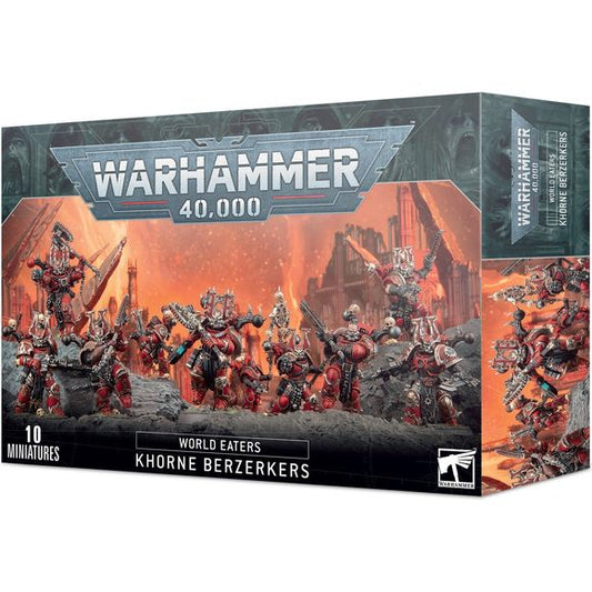This multipart plastic kit builds 10 Khorne Berzerkers, including power packs, shoulder pads with sculpted designs, and 26 unique heads split between crested helmets or bare faces.
This kit comprises 141 plastic components, and is supplied with 10x Citadel 32mm Round Bases. Also included is a World Eaters Transfer Sheet, with 200 transfers featuring Khornate symbols, runic tattoos, eight-pointed stars, skulls, and variations on the World Eaters Legion icon. These miniatures are supplied unpainted and requi