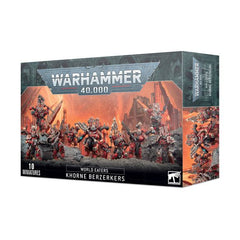 This multipart plastic kit builds 10 Khorne Berzerkers, including power packs, shoulder pads with sculpted designs, and 26 unique heads split between crested helmets or bare faces.
This kit comprises 141 plastic components, and is supplied with 10x Citadel 32mm Round Bases. Also included is a World Eaters Transfer Sheet, with 200 transfers featuring Khornate symbols, runic tattoos, eight-pointed stars, skulls, and variations on the World Eaters Legion icon. These miniatures are supplied unpainted and requi