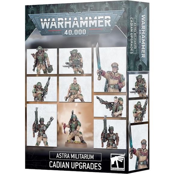 This kit contains:
- 18x Cadian Heads:
– 6x Cadian Cadet heads, with caps bearing a wingless skull
– 6x Masked Cadian heads, with sealed rebreather helmets
– 6x Bare Cadian heads, with a variety of characterful features
- Cadian Shock Trooper Sergeant Upgrade Set:
– 1x Alternate head
– 1x Right arm with belt-fed autogun
– 2x Left arms – one bionic limb and the other holding an ammo belt
- Cadian Shock Trooper Ammo-jack Upgrade Set:
– 1x Alternate head
– 1x Tool pack
– 1x Left arm with ammo tin
– 2x Right