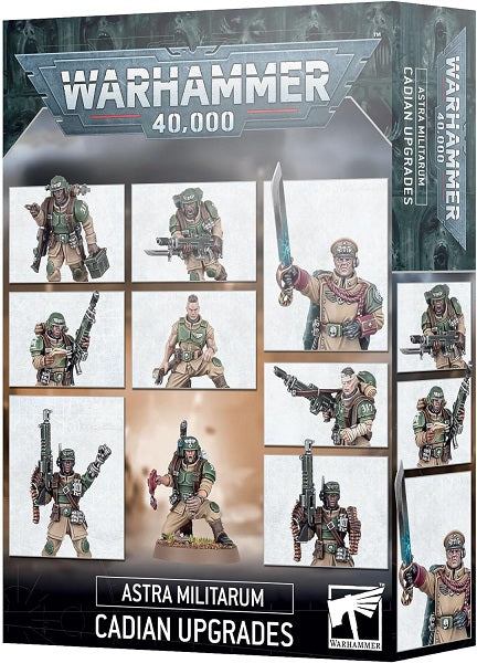 This kit contains:
- 18x Cadian Heads:
– 6x Cadian Cadet heads, with caps bearing a wingless skull
– 6x Masked Cadian heads, with sealed rebreather helmets
– 6x Bare Cadian heads, with a variety of characterful features
- Cadian Shock Trooper Sergeant Upgrade Set:
– 1x Alternate head
– 1x Right arm with belt-fed autogun
– 2x Left arms – one bionic limb and the other holding an ammo belt
- Cadian Shock Trooper Ammo-jack Upgrade Set:
– 1x Alternate head
– 1x Tool pack
– 1x Left arm with ammo tin
– 2x Right