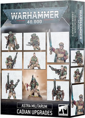 This kit contains:
- 18x Cadian Heads:
– 6x Cadian Cadet heads, with caps bearing a wingless skull
– 6x Masked Cadian heads, with sealed rebreather helmets
– 6x Bare Cadian heads, with a variety of characterful features
- Cadian Shock Trooper Sergeant Upgrade Set:
– 1x Alternate head
– 1x Right arm with belt-fed autogun
– 2x Left arms – one bionic limb and the other holding an ammo belt
- Cadian Shock Trooper Ammo-jack Upgrade Set:
– 1x Alternate head
– 1x Tool pack
– 1x Left arm with ammo tin
– 2x Right