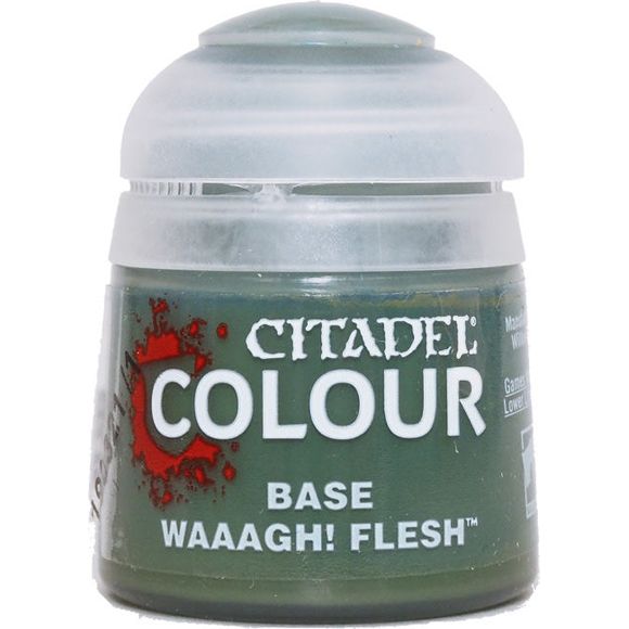 Waaagh! Flesh is a Citadel Base paint. Citadel Base paints are high quality acrylic paints specially formulated for basecoating your Citadel miniatures quickly and easily. They are designed to give a smooth matte finish over black or white undercoats with a single layer. This pot contains 12ml of Waaagh! Flesh, one of 34 Base paints in the Citadel Paint range. As with all of our paints, it is a non-toxic, water-based acrylic paint designed for use on plastic, metal, and resin Citadel miniatures.