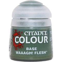 Waaagh! Flesh is a Citadel Base paint. Citadel Base paints are high quality acrylic paints specially formulated for basecoating your Citadel miniatures quickly and easily. They are designed to give a smooth matte finish over black or white undercoats with a single layer. This pot contains 12ml of Waaagh! Flesh, one of 34 Base paints in the Citadel Paint range. As with all of our paints, it is a non-toxic, water-based acrylic paint designed for use on plastic, metal, and resin Citadel miniatures.