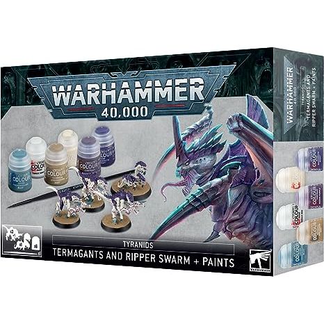 - Corax White (Base)
- Wraithbone (Base)
- Naggaroth Night (Base)
- Thunderhawk Blue (Layer)
- Magos Purple (Contrast)
- Armageddon Dust (Technical)
The box also includes a Citadel Starter Brush