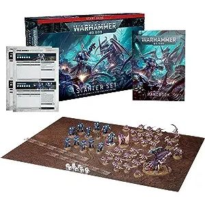 This boxed set includes:
1x 64-page softcover Warhammer 40,000 Starter Set Handbook
38x plastic push-fit Citadel miniatures
11x Space Marines
- 1x Captain in Terminator Armour:
- 5x Terminators:
- 5x Infernus Marines:
27x Tyranids
- 1x Winged Tyranid Prime
- 1x Psychophage
- 3x Von Ryan’s Leapers:
- 20x Termagants
- 2x Ripper Swarm
2x reference sheets
1x 30" by 22.4" double-sided gaming mat
2x range rulers and 10x six-sided dice