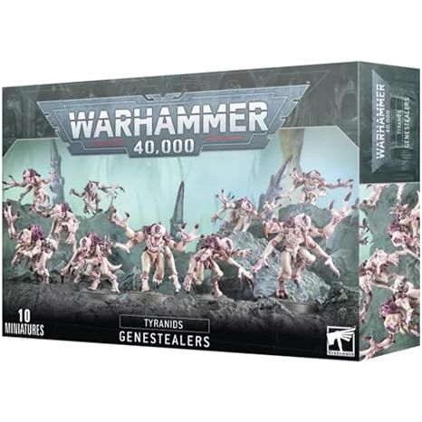 This multipart plastic kit builds 10 Genestealers. The kit includes cosmetic head options for every Genestealer.
This kit comprises 109 plastic components, and comes with 10x Citadel 32mm Round Bases. These miniatures are supplied unpainted and require assembly – we recommend using Citadel Plastic Glue and Citadel Colour paints.