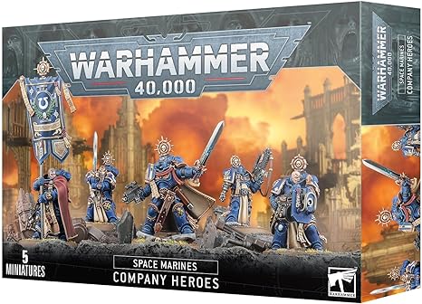 This multipart plastic kit builds a Space Marine Captain and four Company Heroes